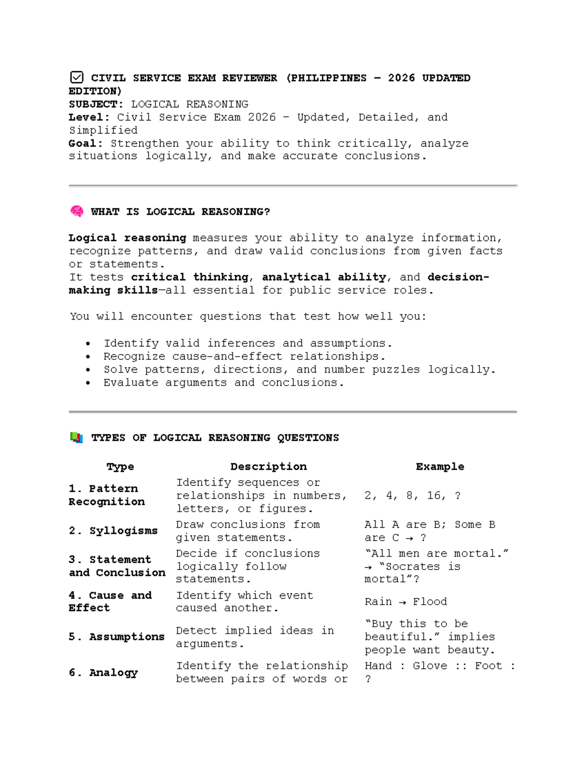CIVIL SERVICE EXAM 2026: LOGICAL REASONING REVIEWER - Studocu