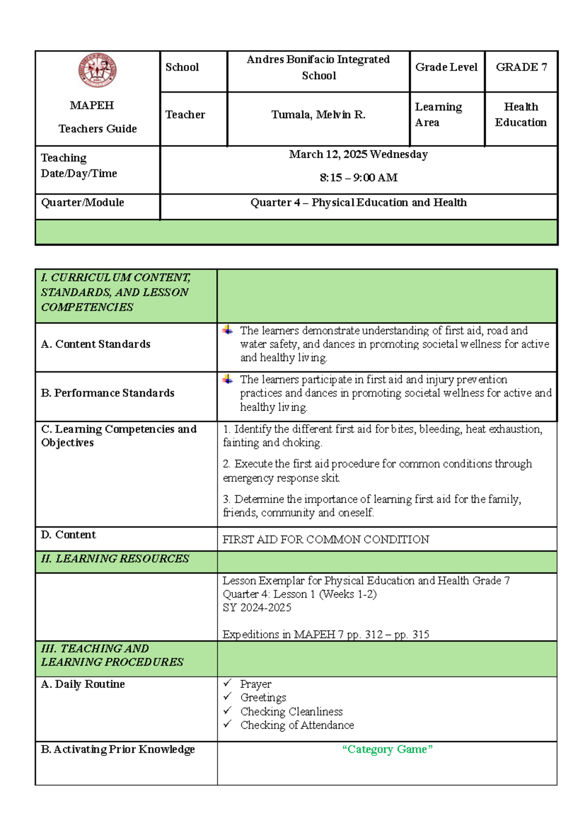 Lesson Plan for PE & Health G7 - 4th Quarter by Tumala, Melvin R. - Studocu