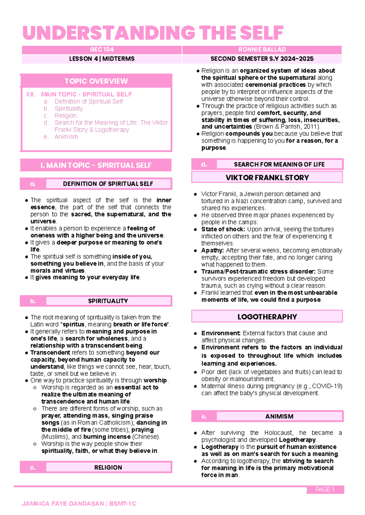 GEC 104 Midterm Notes: Understanding the Spiritual Self and Political ...