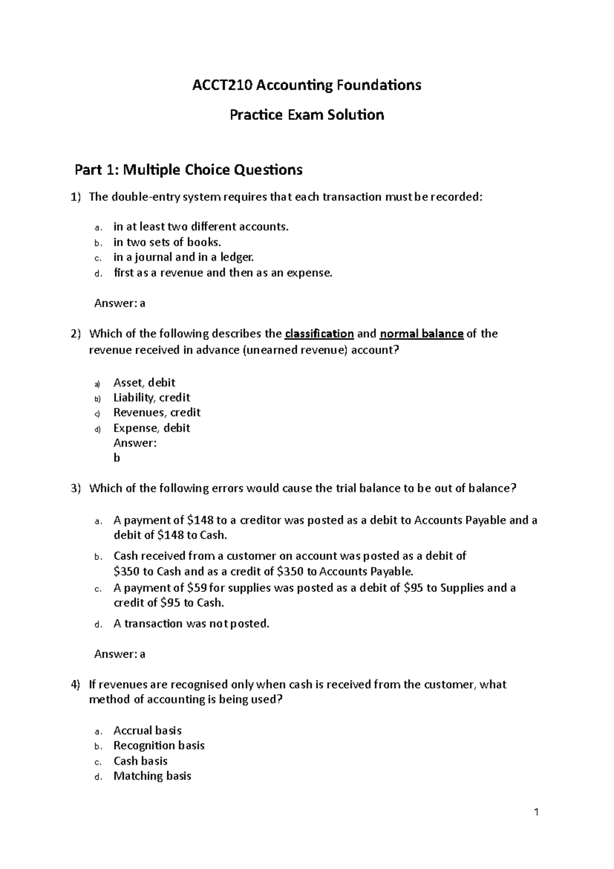 ACCT210 Accounting Foundations Practice Exam Solutions Part 1 - Studocu