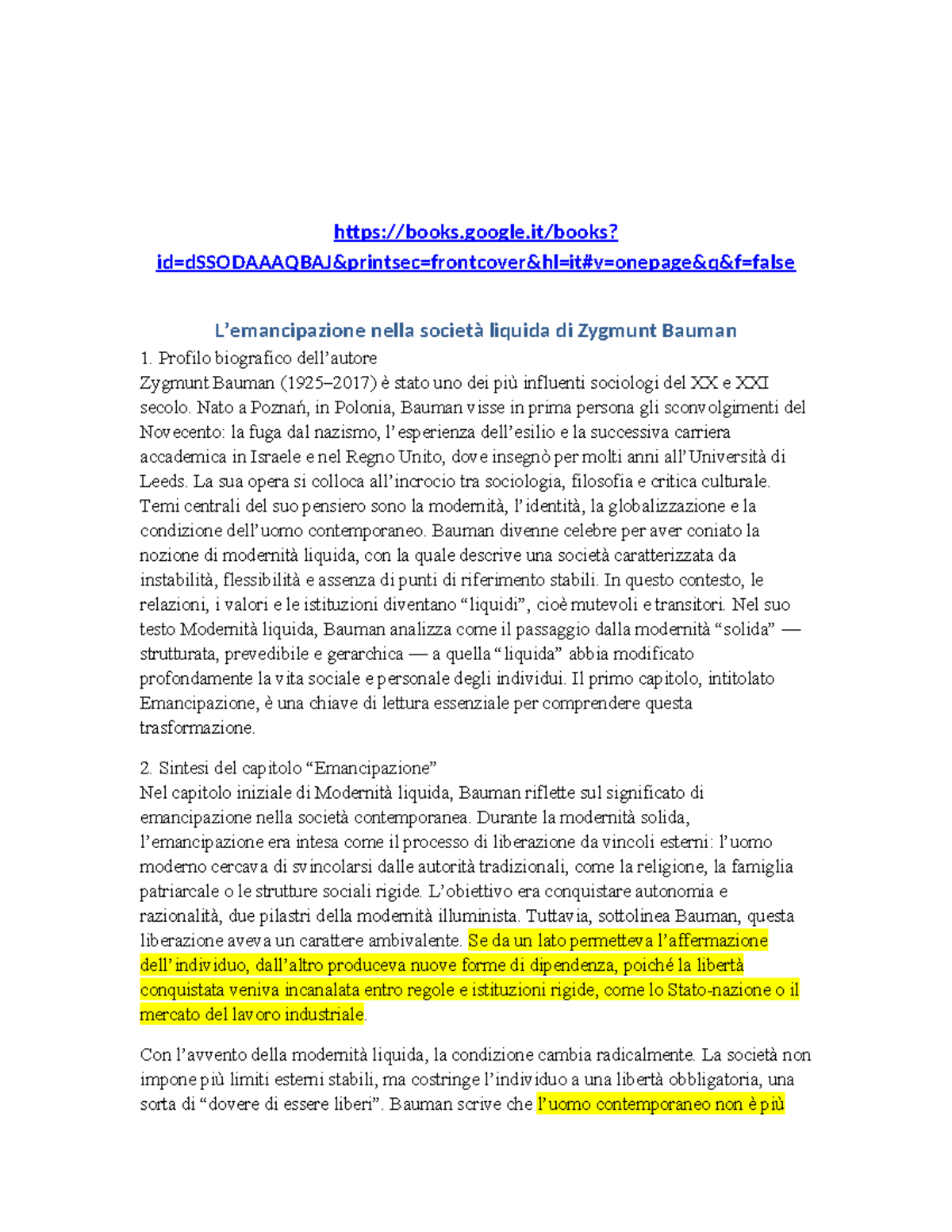 Elaborato su Zygmunt Bauman: Emancipazione nella Modernità Liquida