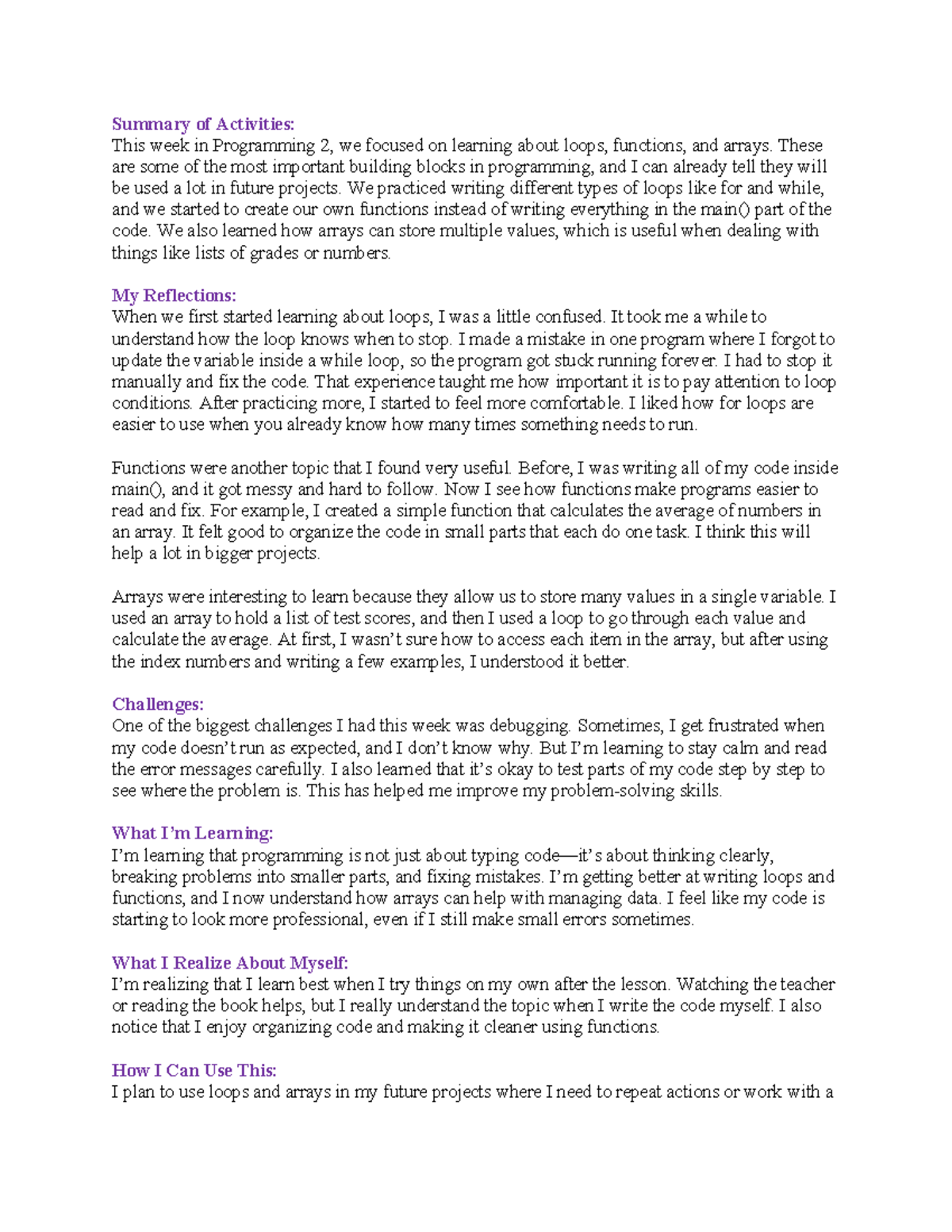 CS3305 Learning Journal: Reflections on Loops, Functions, and Arrays ...