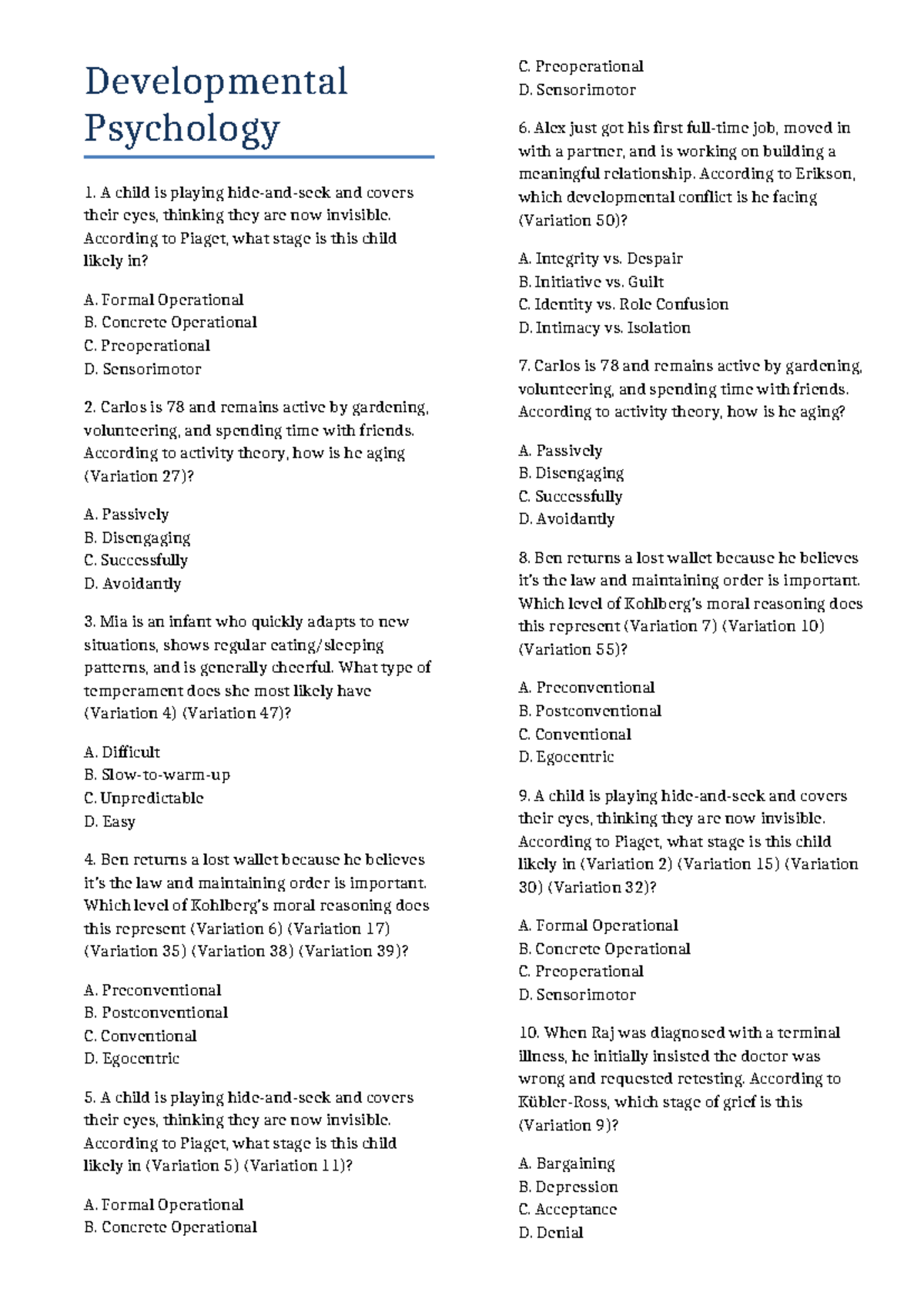 PSYC 101 Developmental Psychology 70-Item Quiz Review - Studocu