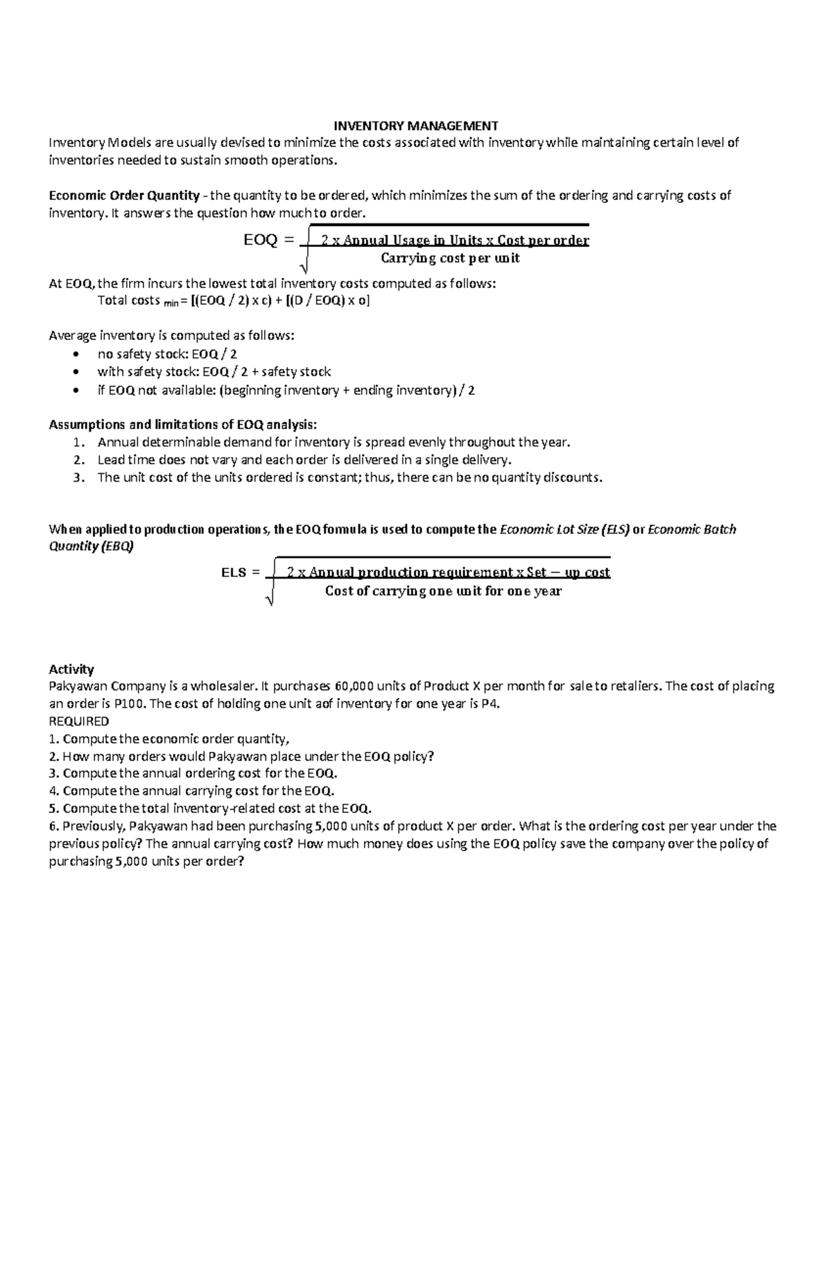 INVENTORY MANAGEMENT: Economic Order Quantity (EOQ) Analysis - Studocu