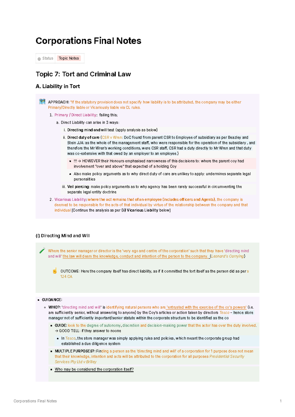 Corporations Law Final Notes: Tort & Criminal Liability Overview - Studocu