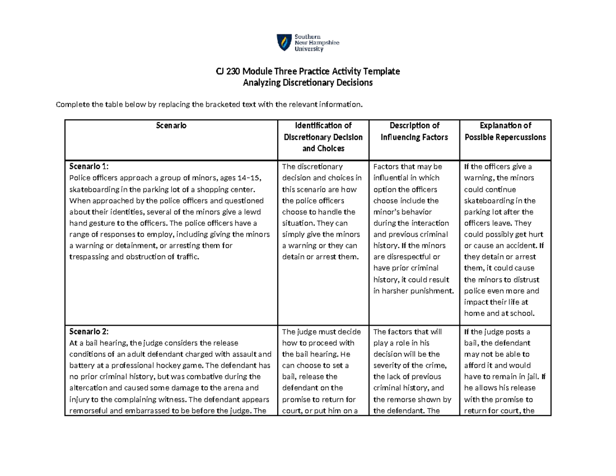 CJ 230 Module 3 Practice Activity: Analyzing Discretionary Decisions ...