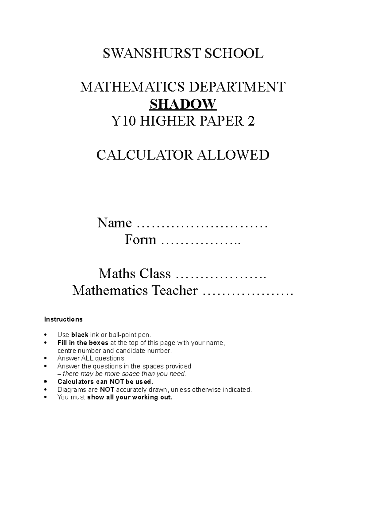 Shadow Higher P2 - I enjoy maths - SWANSHURST SCHOOL MATHEMATICS ...