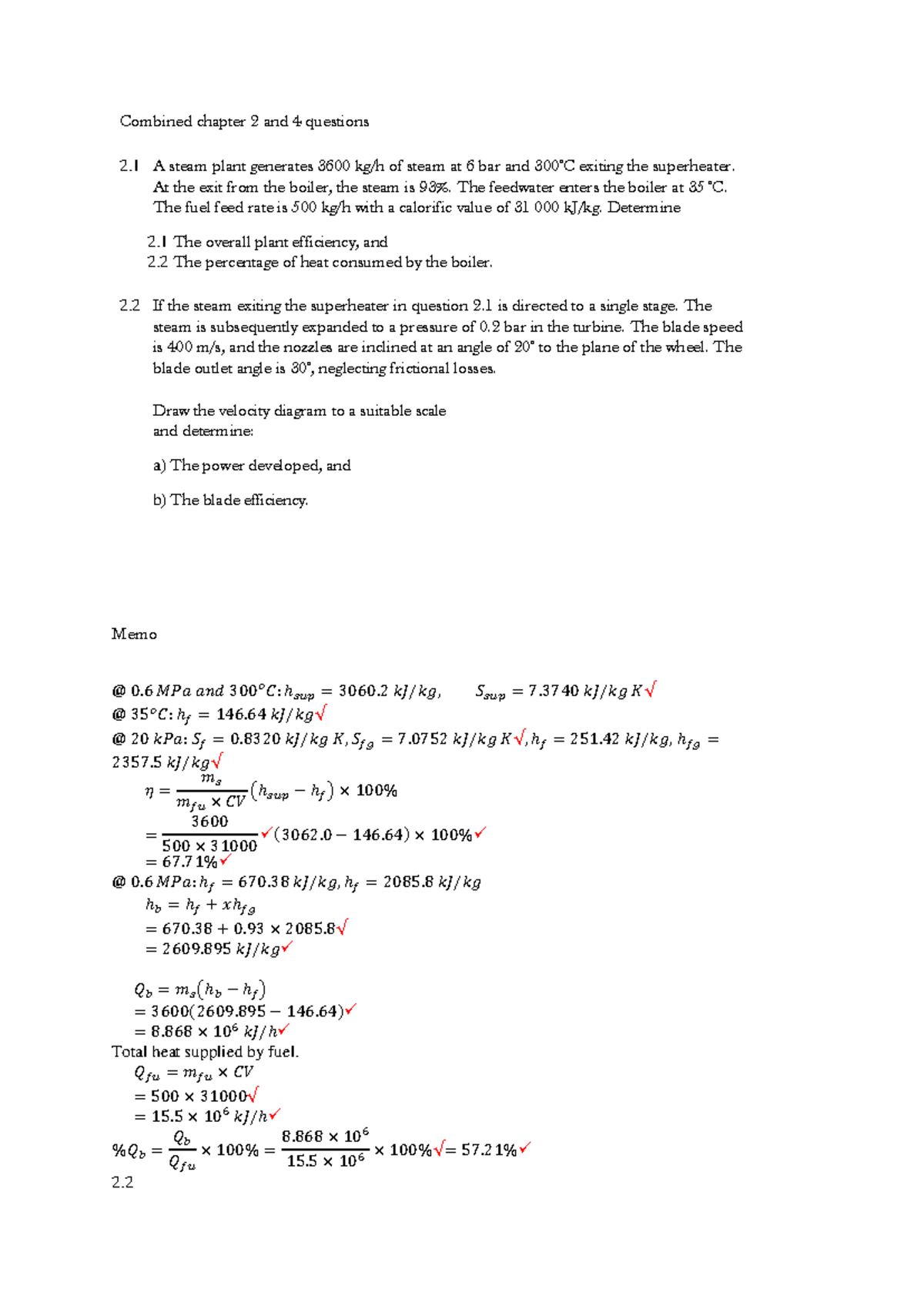 Combined Chapter 2 & 4 Questions on Steam Plant Efficiency and Power ...