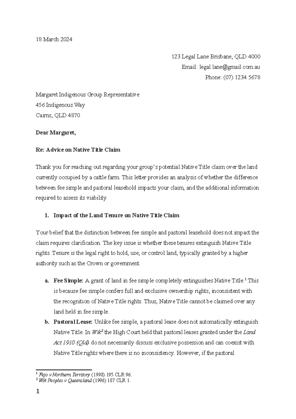 Advice on native title claim - problem solving task 123 - Studocu