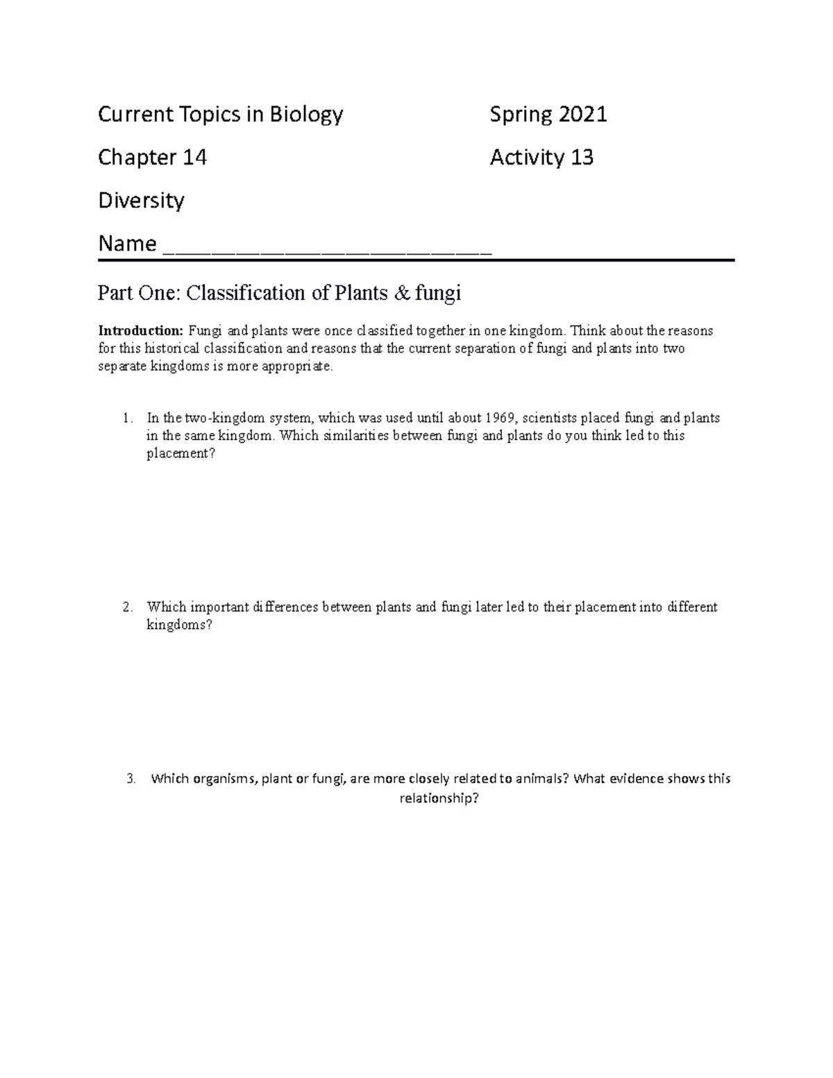 (13) Biology Chapter 14 Activity: Exploring Diversity of Life - Studocu