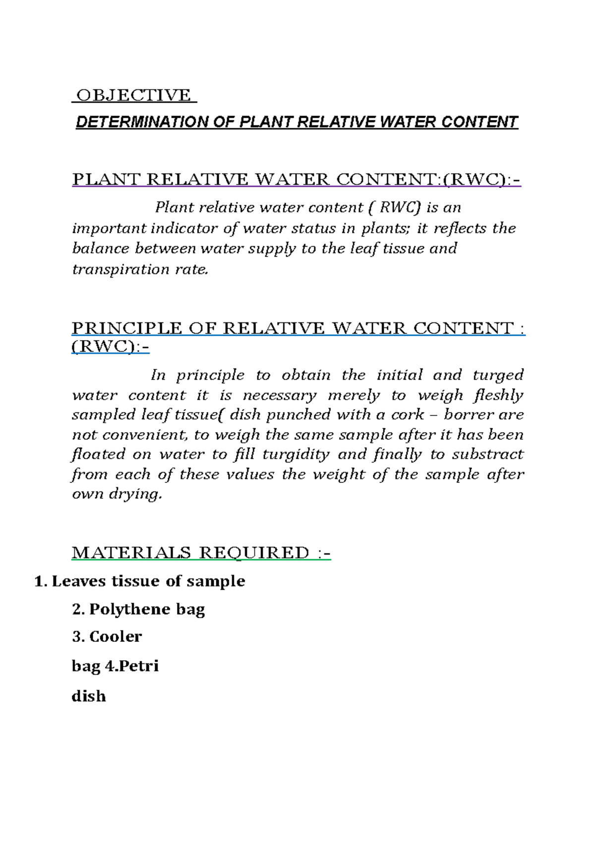 Plant Relative Water Content (RWC) Determination Methodology - Studocu
