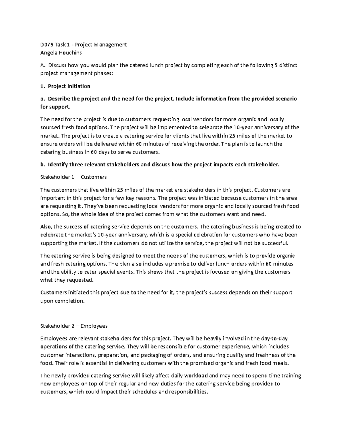 D079 Task 1 - Project Management Plan for Catering Service Launch - Studocu