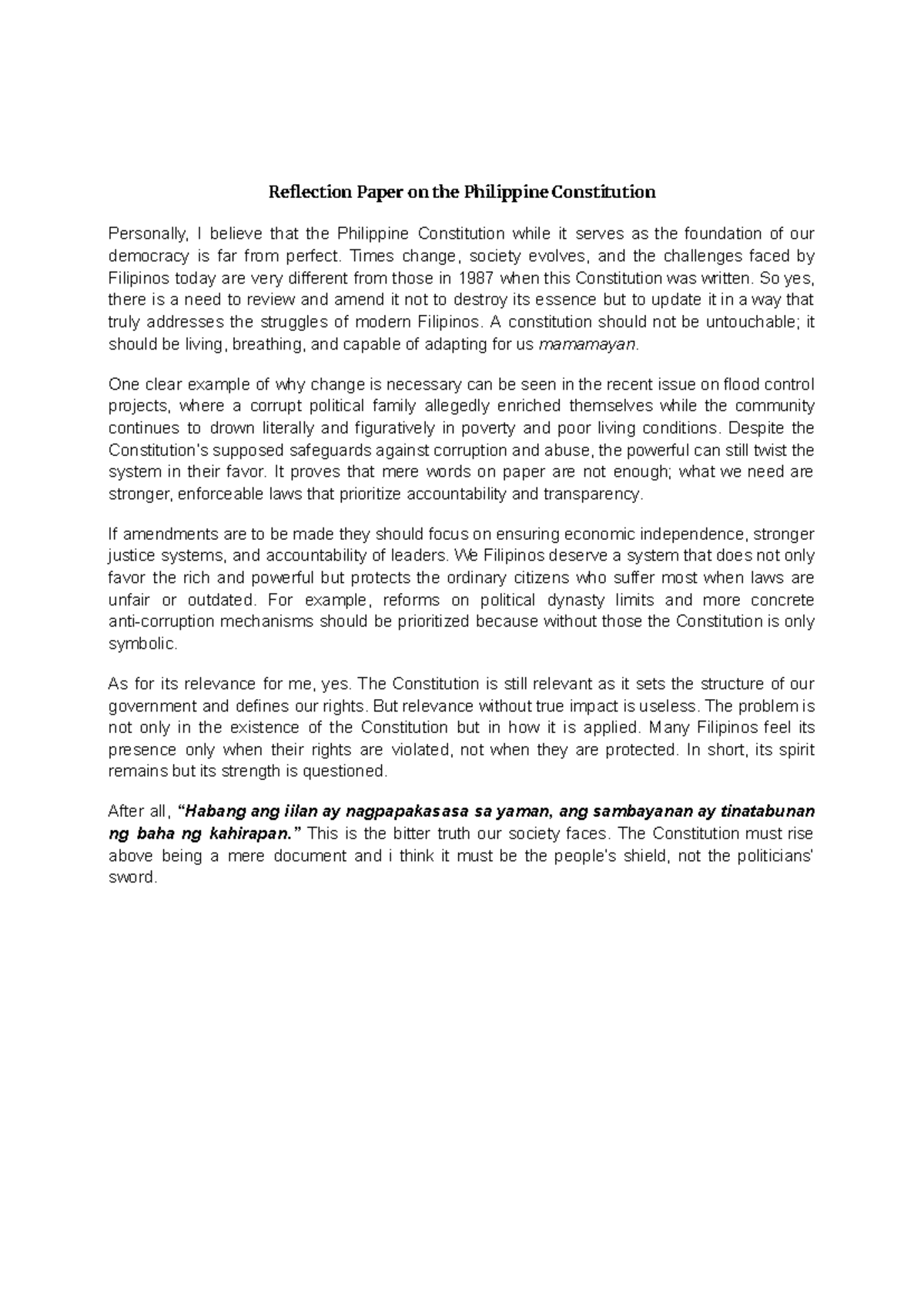 NSTP Reflection Paper: Revisiting the Philippine Constitution - Studocu