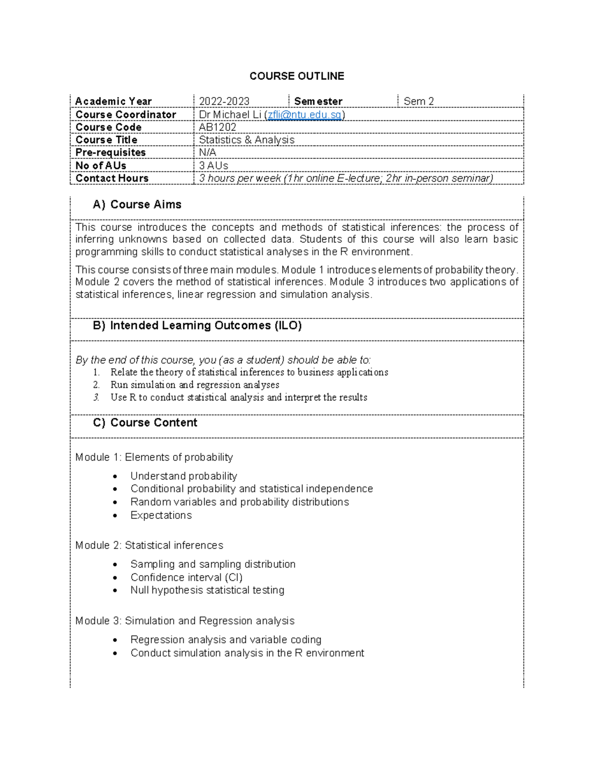 AB1202 Statistics & Analysis Course Outline - AY2022-23 S2 - Studocu