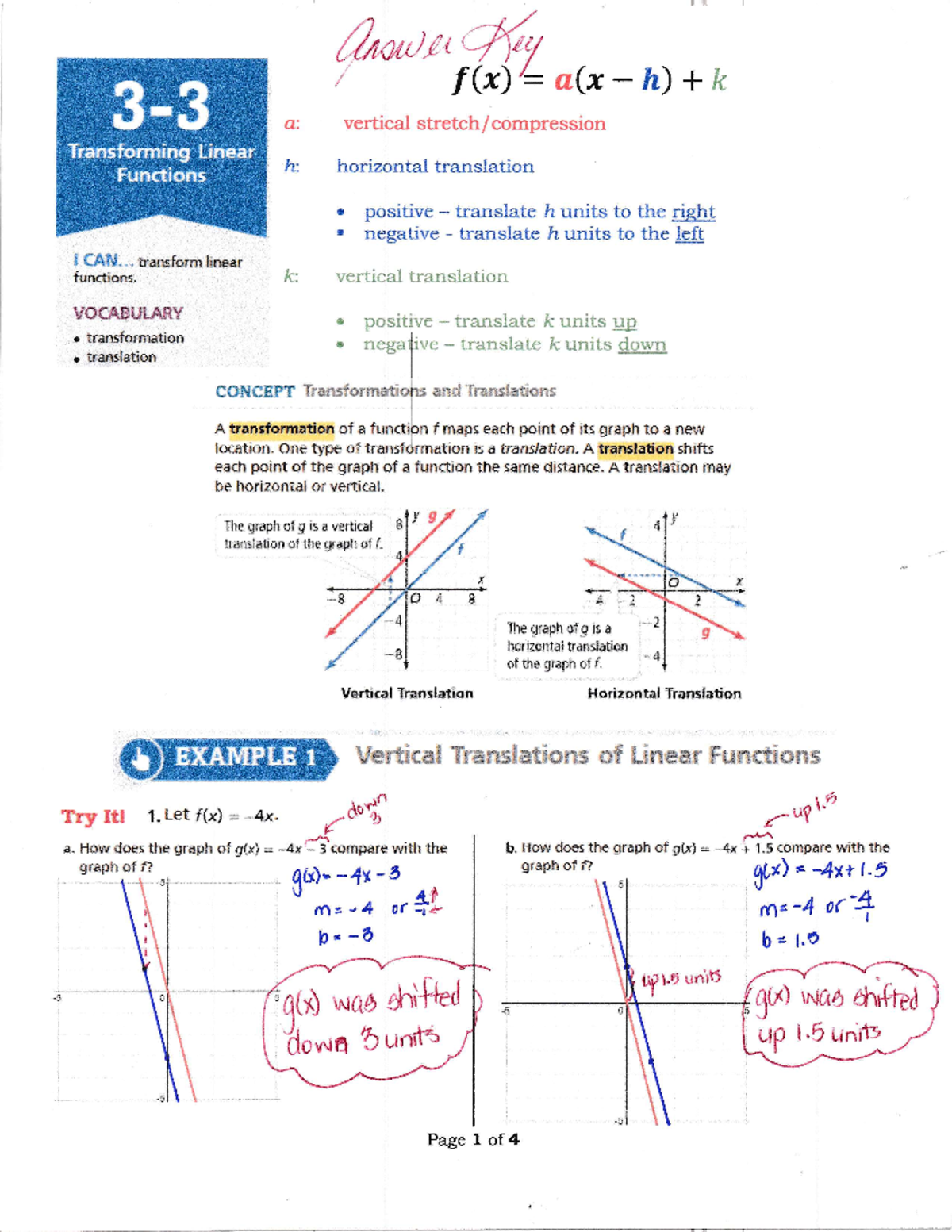 Lesson 3-3: Detailed Answers on Transformations of Linear Functions ...