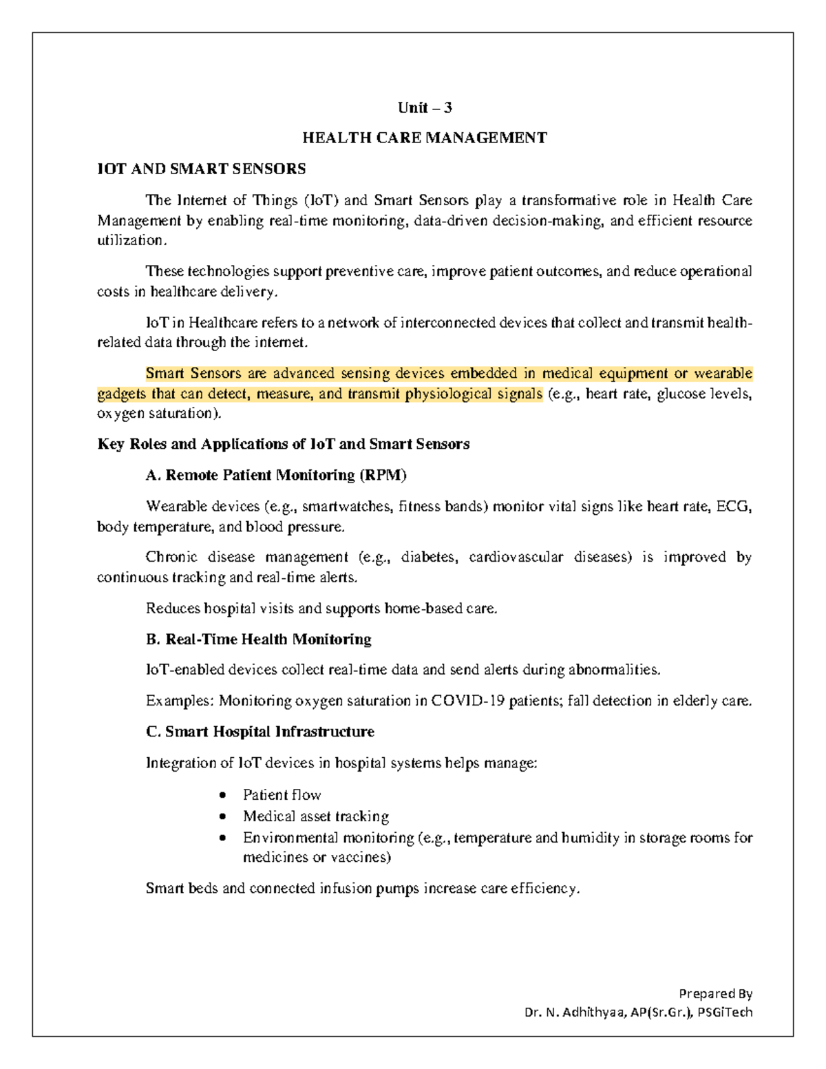 Unit 3 - Lecture Notes on Health Care Management: IoT & Smart Sensors ...
