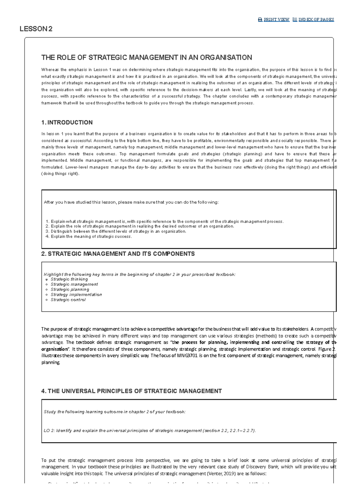 Lesson 2: The Role of Strategic Management in an Organisation - Studocu