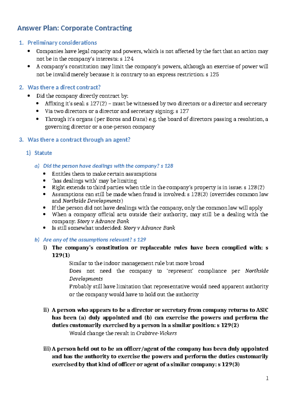 Corporations Law - Answer Plans: Corporate Contracting & Directors ...