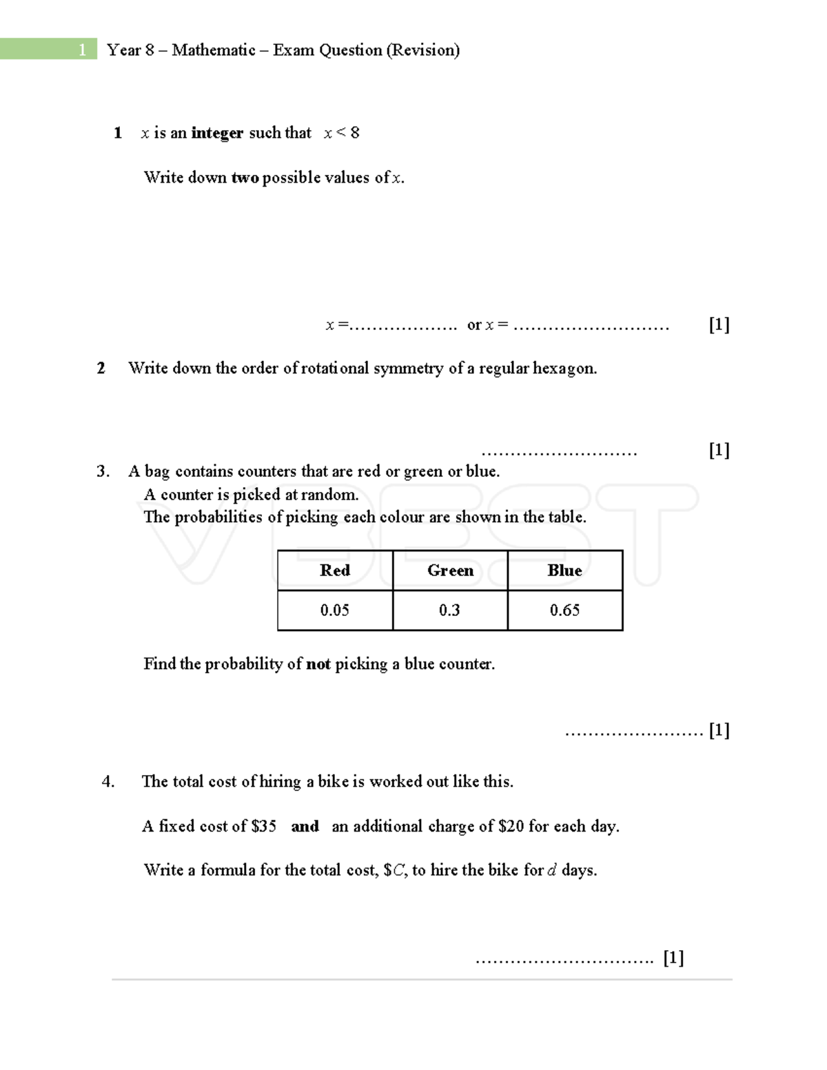Year 8 Mathematic Exam Questions (Revision) - Studocu