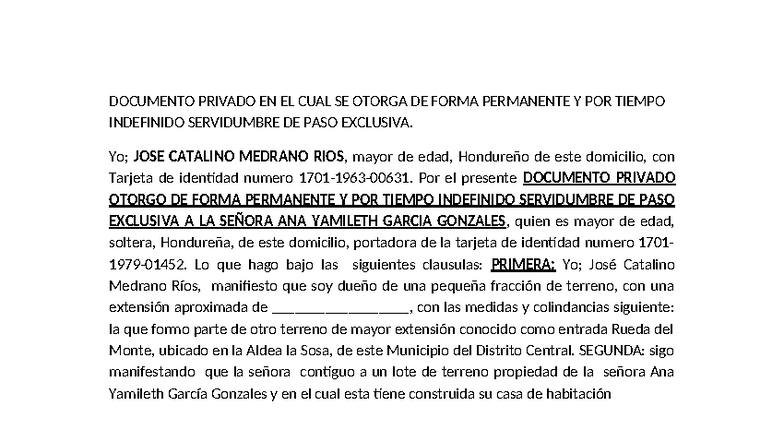 Documento Privado de Servidumbre de Paso Exclusiva - Studocu