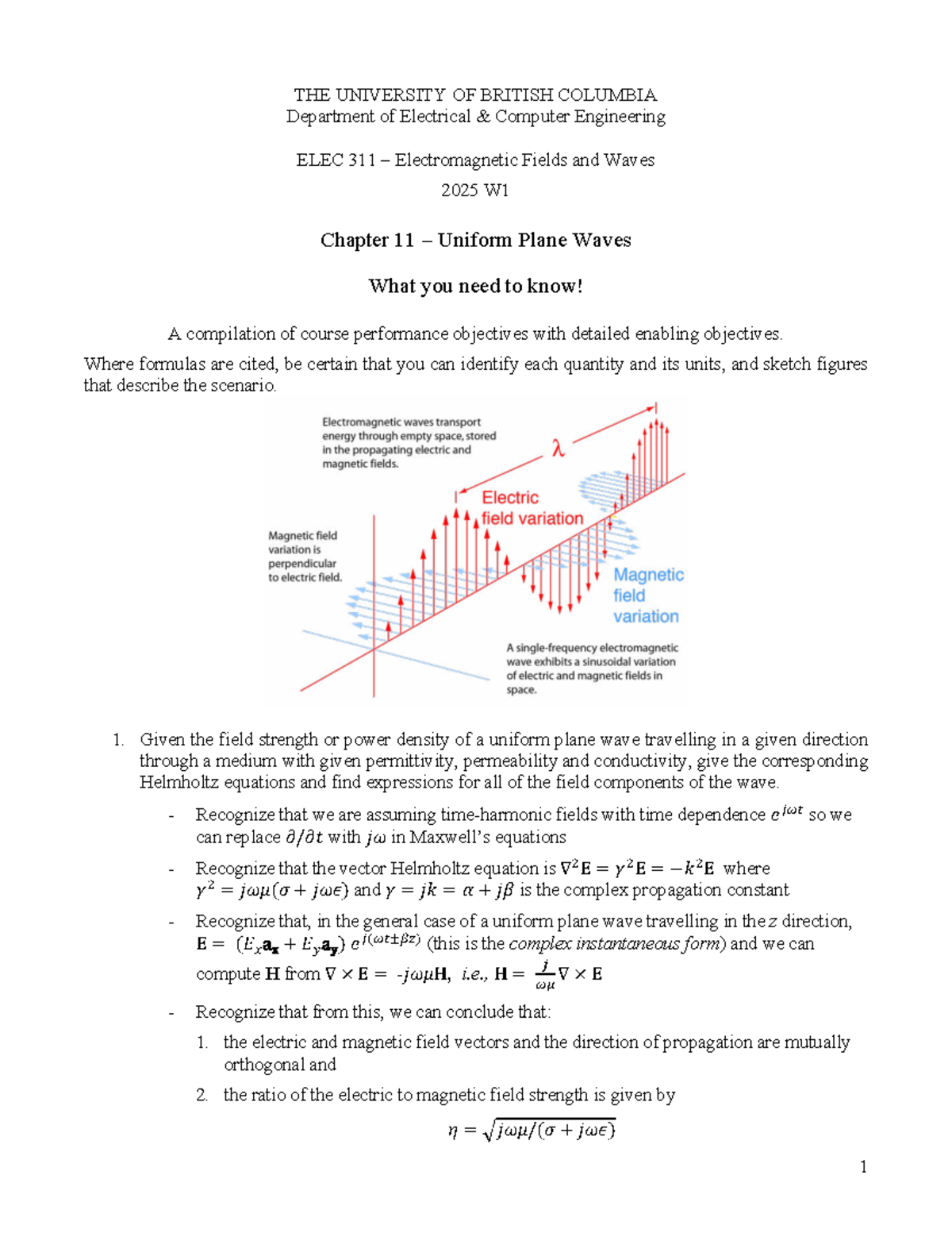 ELEC 311 Chapter 11: Uniform Plane Waves Overview - 2025 W1 - Studocu
