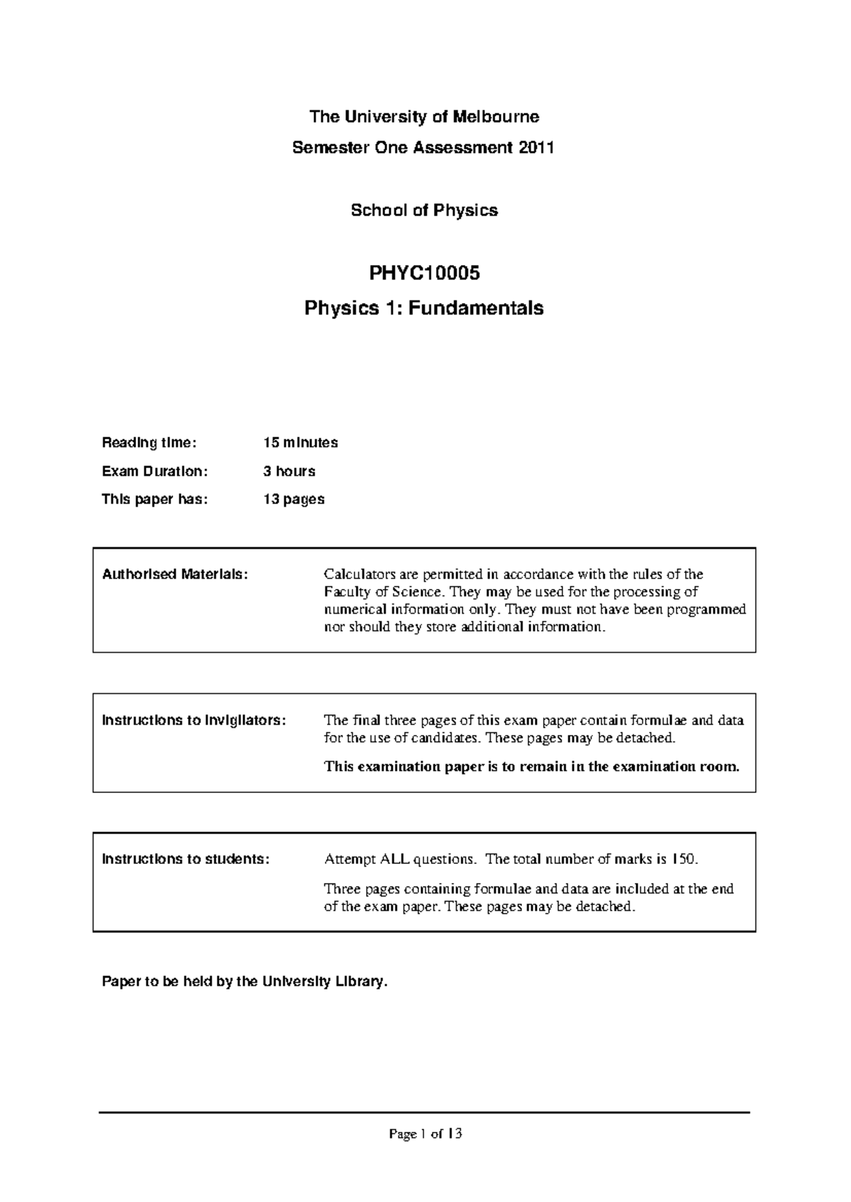 Final Exam 2011 - Physics 1: Fundamentals Questions and Data - Studocu