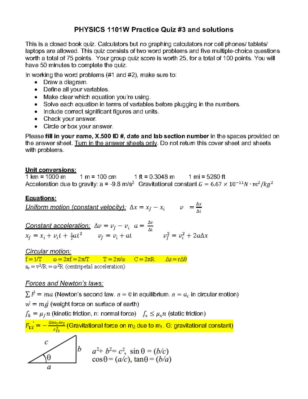 PHYSICS 1101W Practice Quiz #3 Solutions – Fall 2022 - Studocu