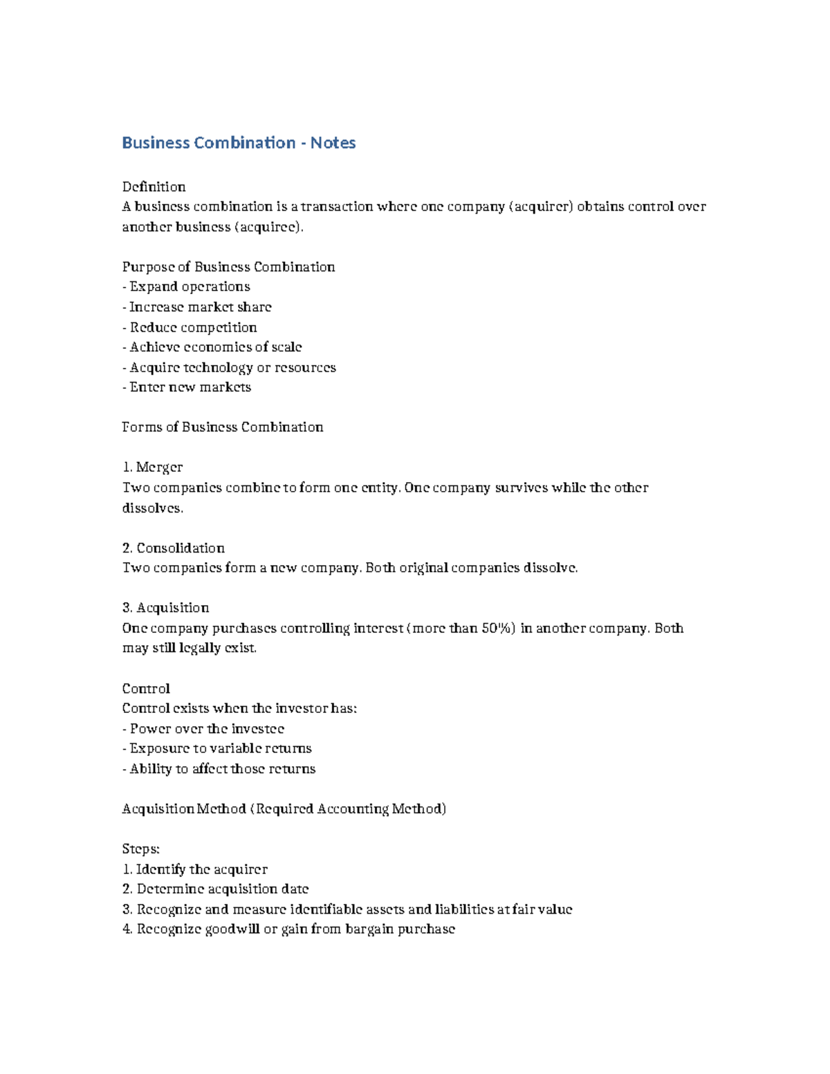 Business Combination Notes: Definition and Purpose Overview - Studocu