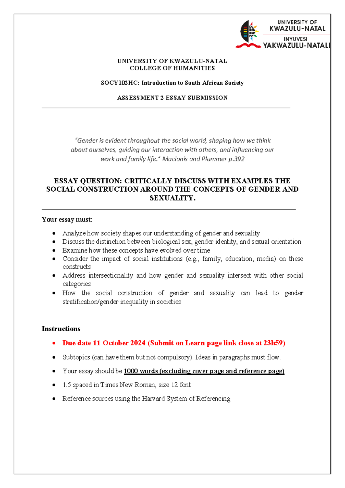 SOCY102HC Essay: Social Construction of Gender and Sexuality 2024 - Studocu