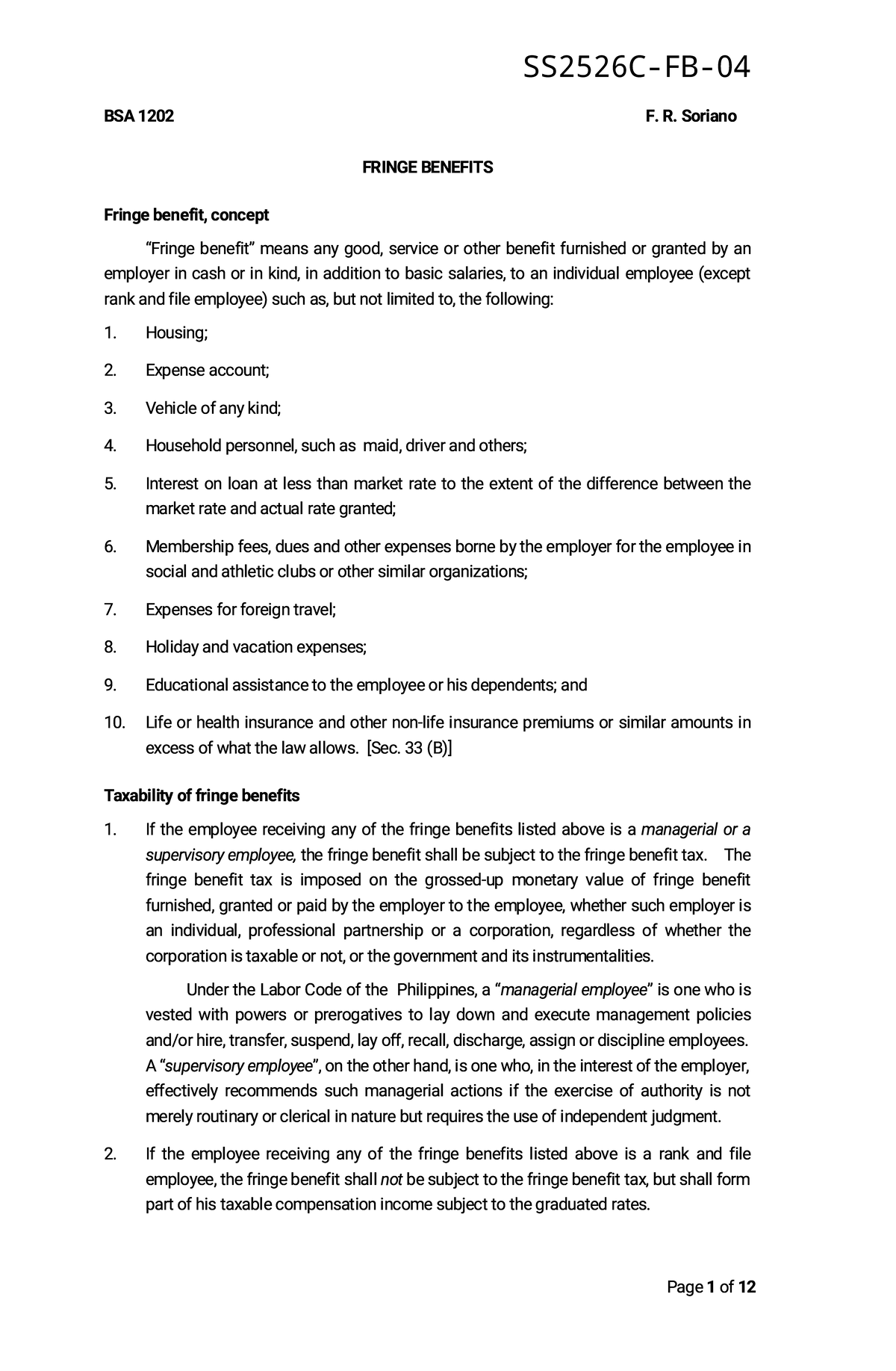BSA 1202 Final Exam Notes on Fringe Benefits and Taxation - Studocu