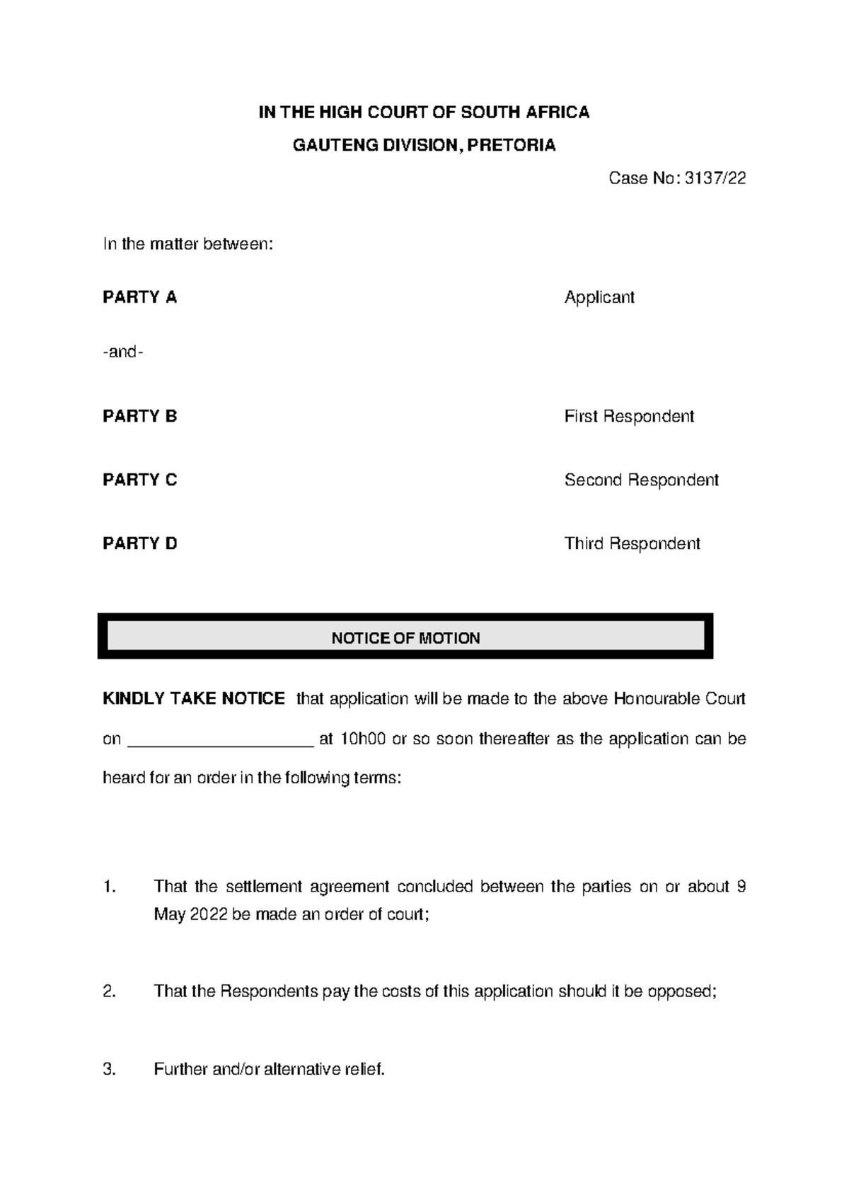 Notice of Motion for Court Order in Case No: 3137/22 - Studocu