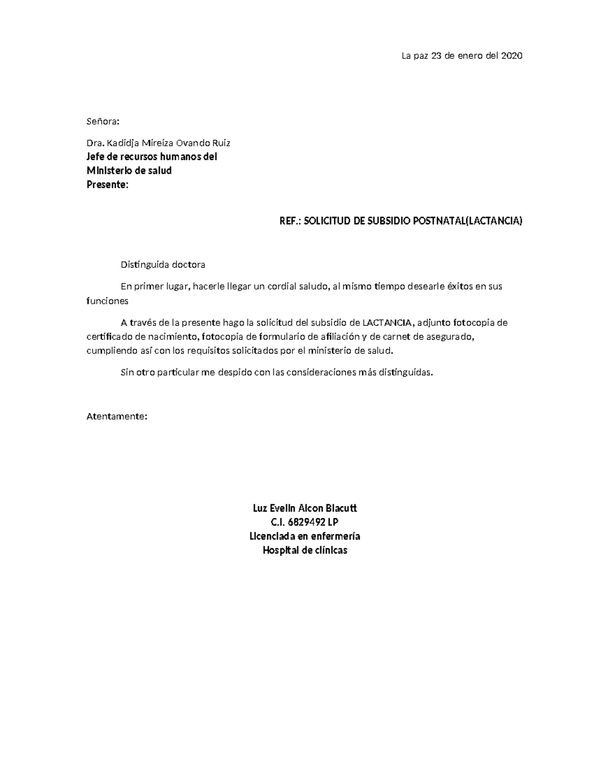 Solicitud de Subsidio Postnatal - Luz Evelin Alcon Blacutt - Document Preview