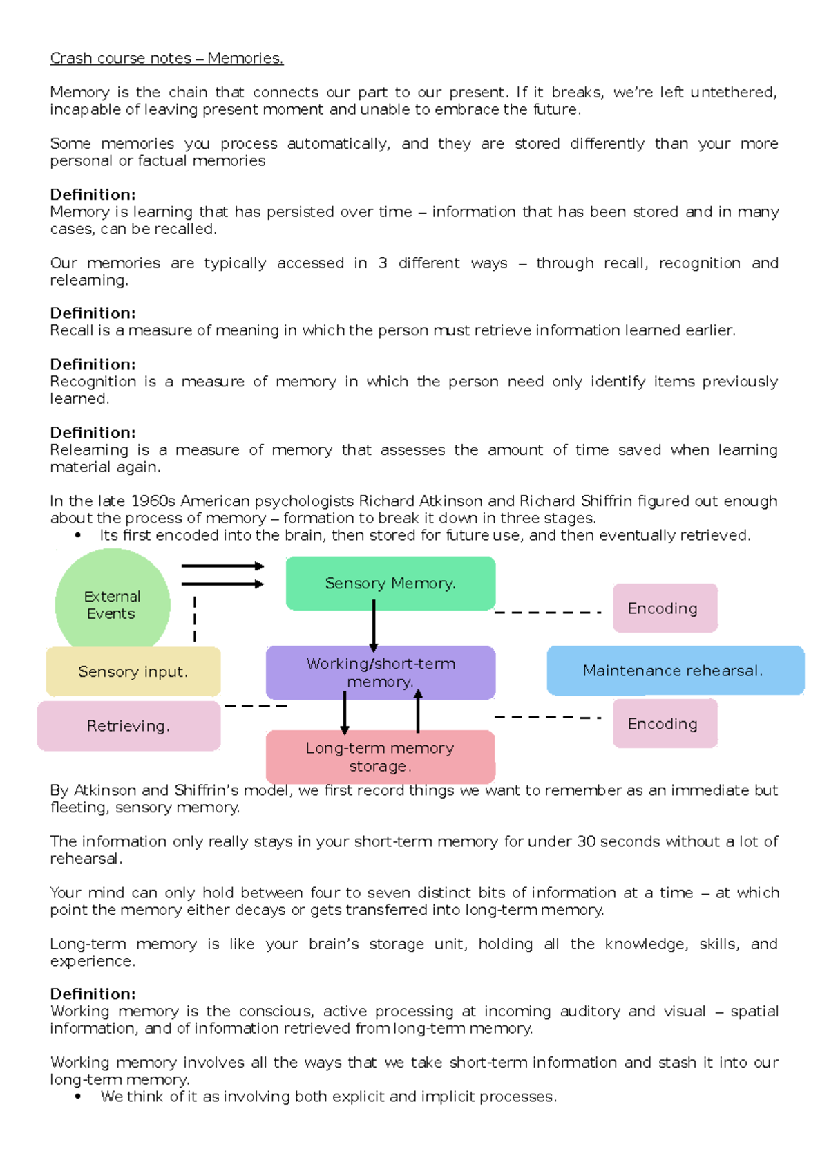 CCN cognitive memories - Crash course notes – Memories. Memory is the ...