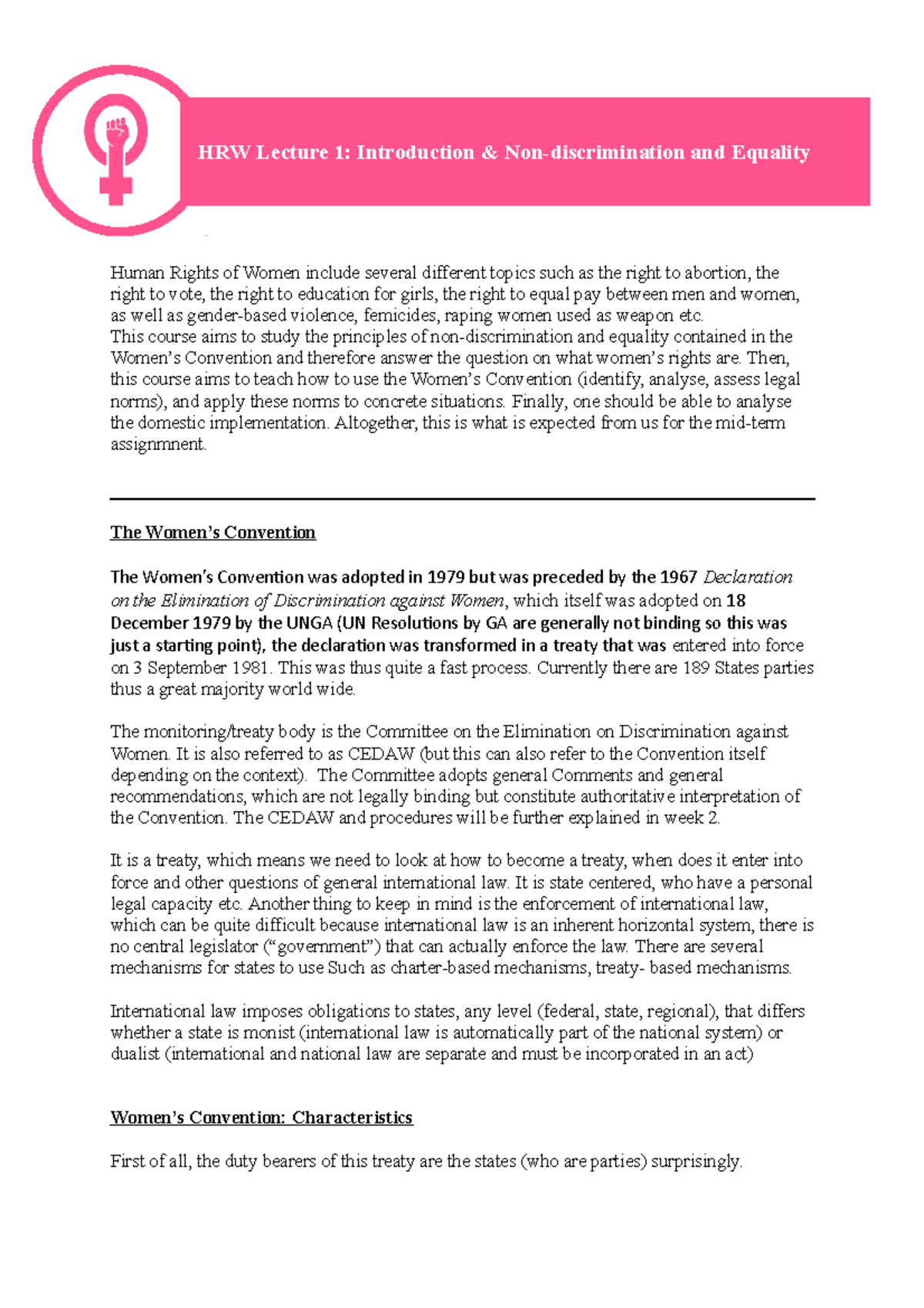HRW 101: Lecture 1 - Women's Rights & Non-Discrimination Principles ...