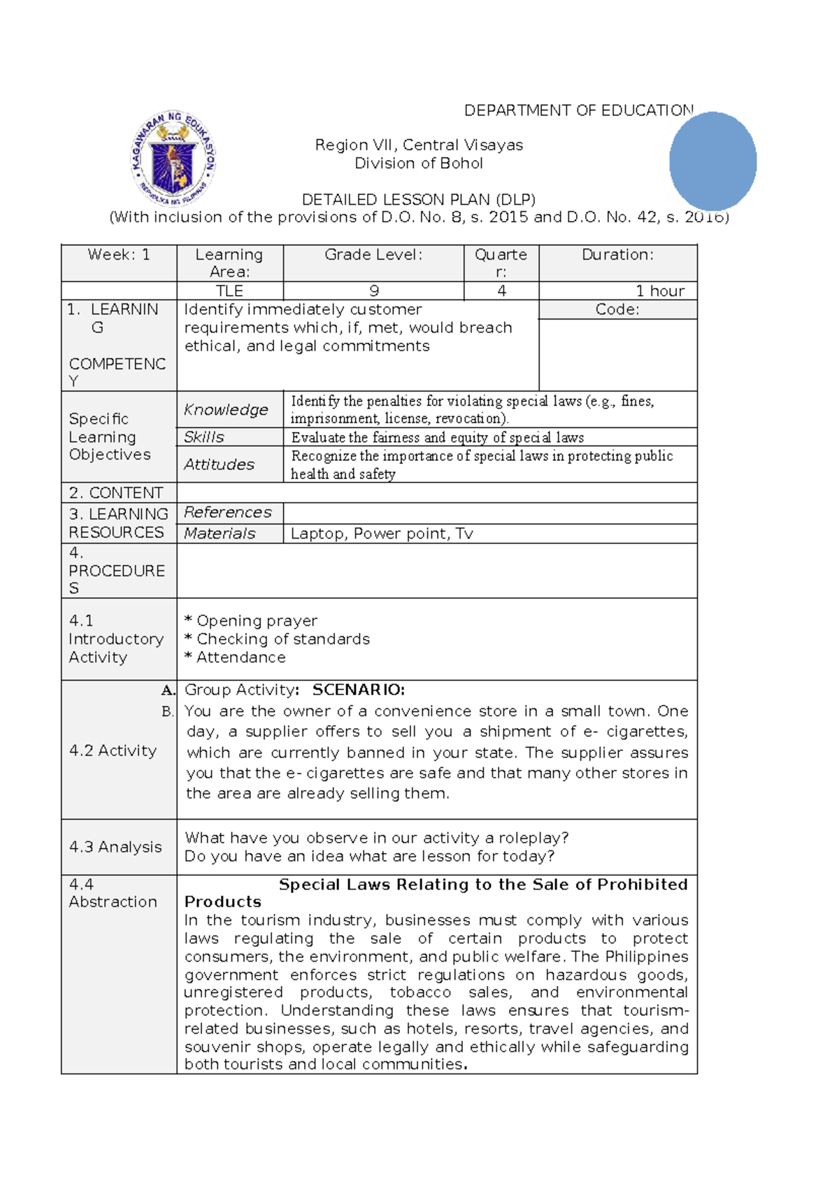 Detailed Lesson Plan (DLP) for TLE 9: Special Laws in Tourism - Studocu
