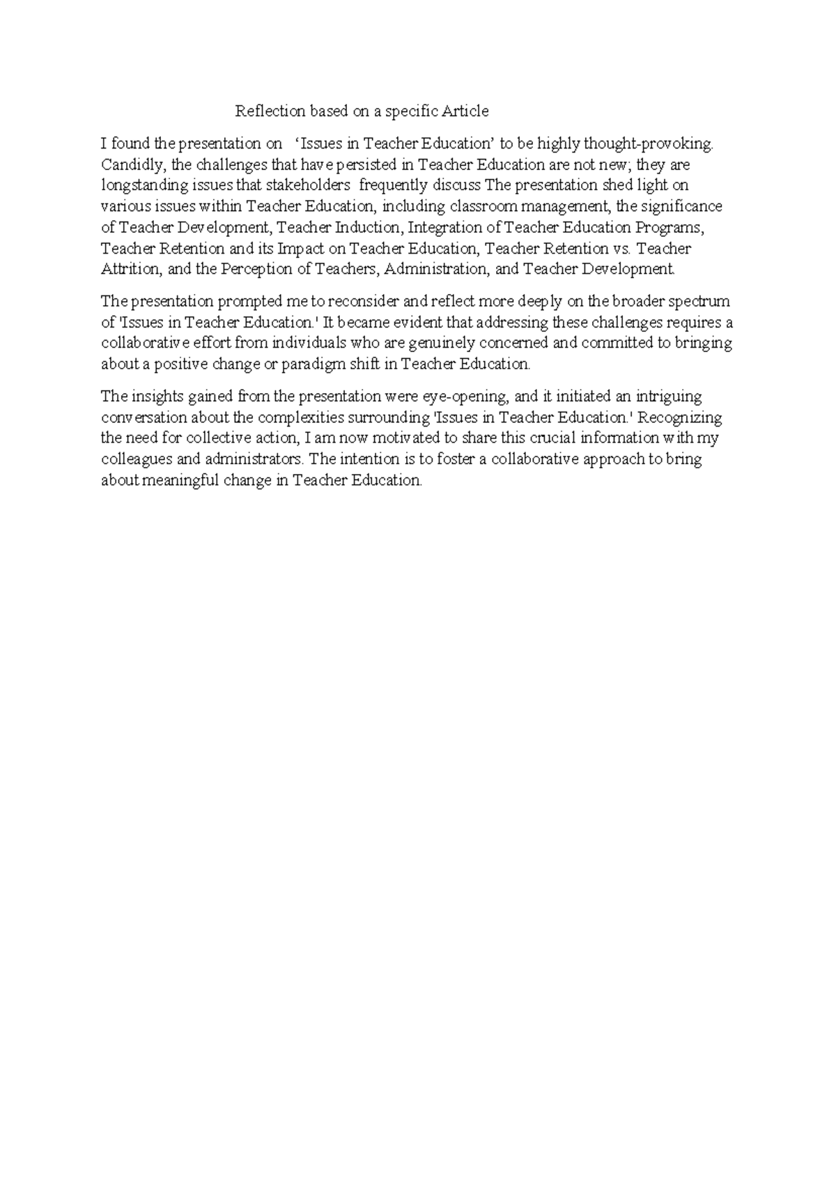 Reflection on 'Issues in Teacher Education' - Insights & Actions - Studocu