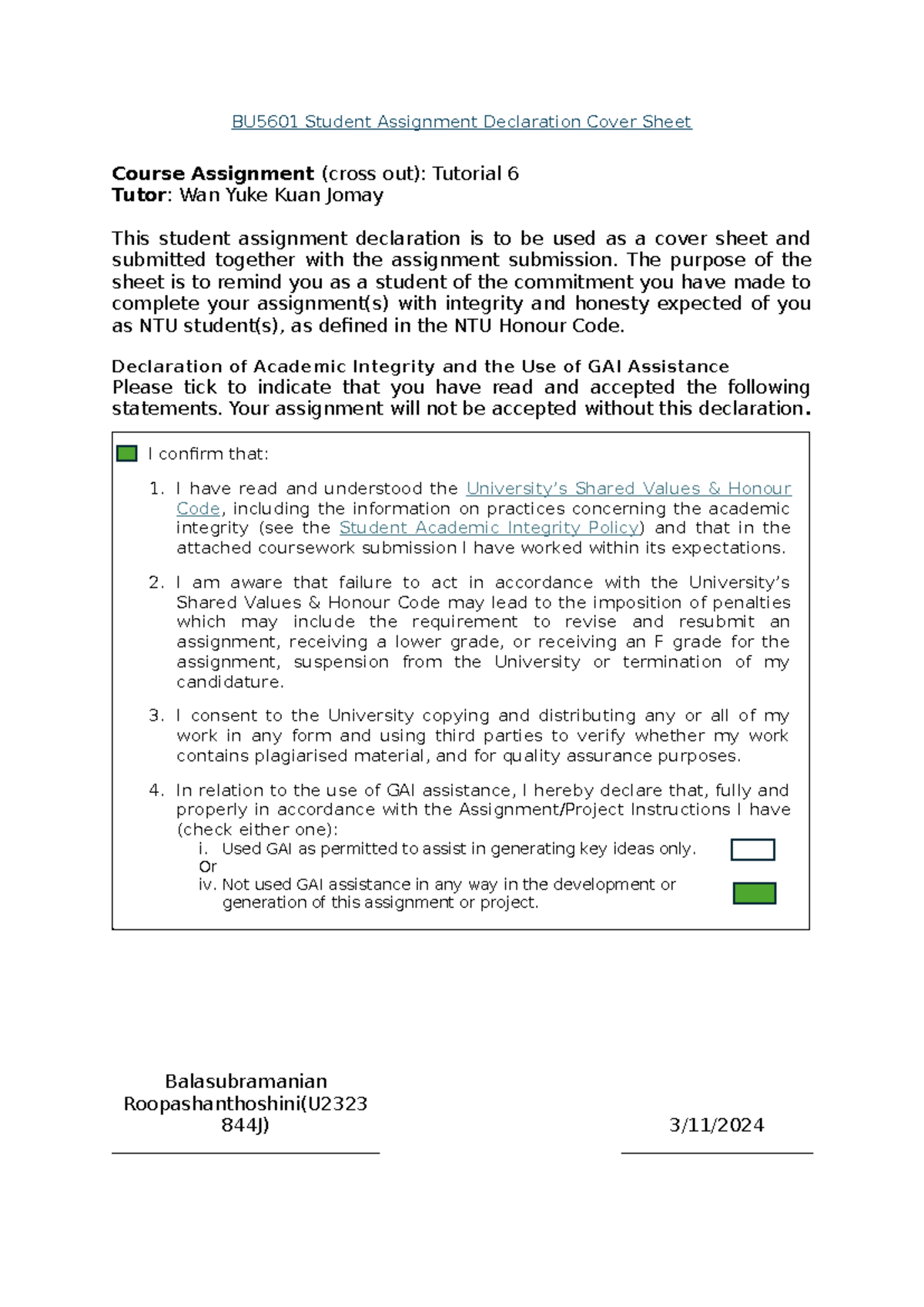 Tutorial 6 Submission Insights for BU5601 Course Assignment - Studocu