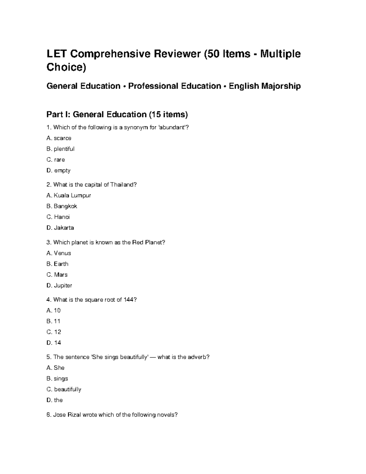 LET Comprehensive Reviewer: 50 MCQs for General Education - Studocu