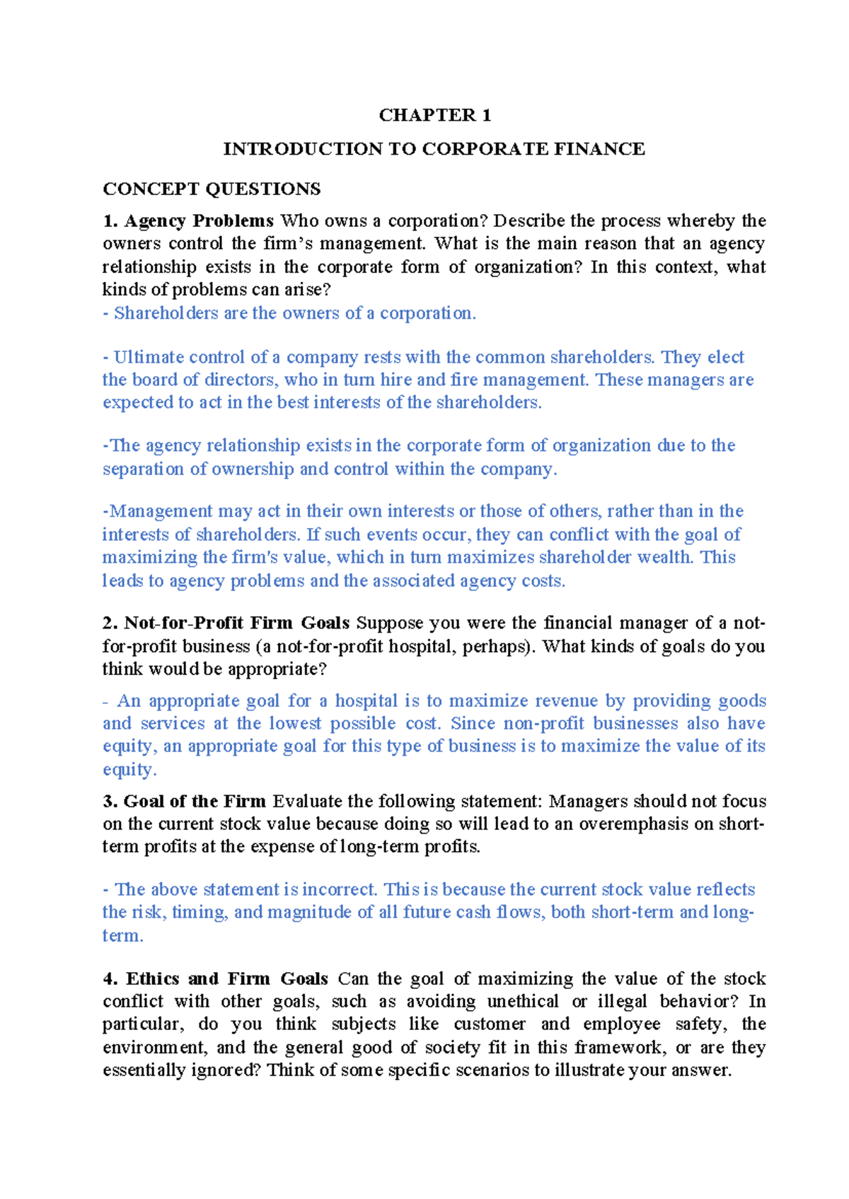Chapter 1 - Concept Questions and Exercises - Final Review for Finance ...