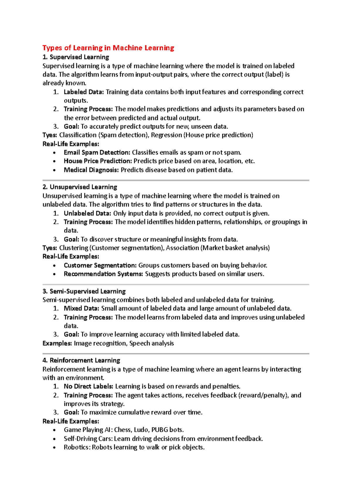 MLT 101 - Unit 1 Exam Ready Notes on Learning Types in ML - Studocu