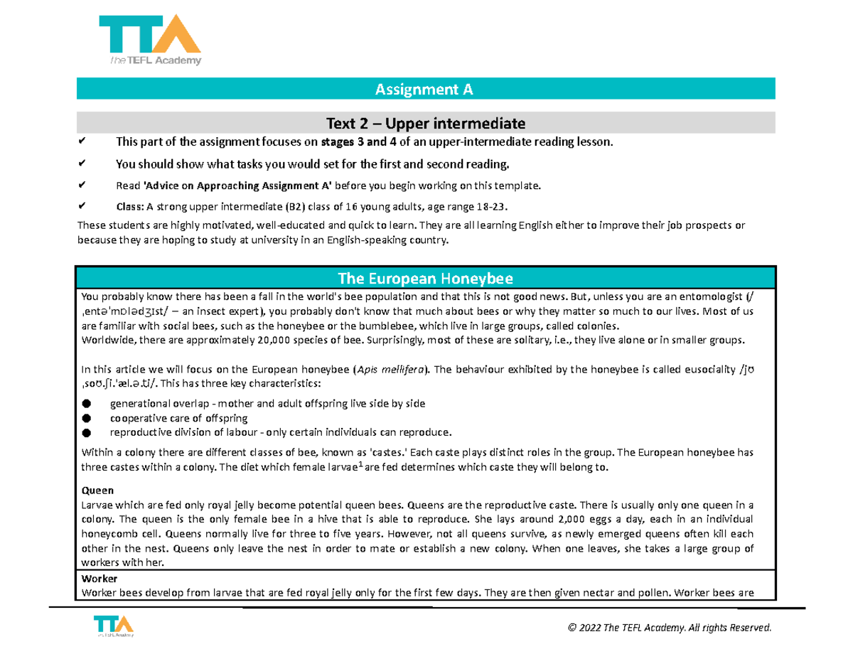 Assignment A - Text 2: Upper Intermediate Reading Lesson Plan - Studocu