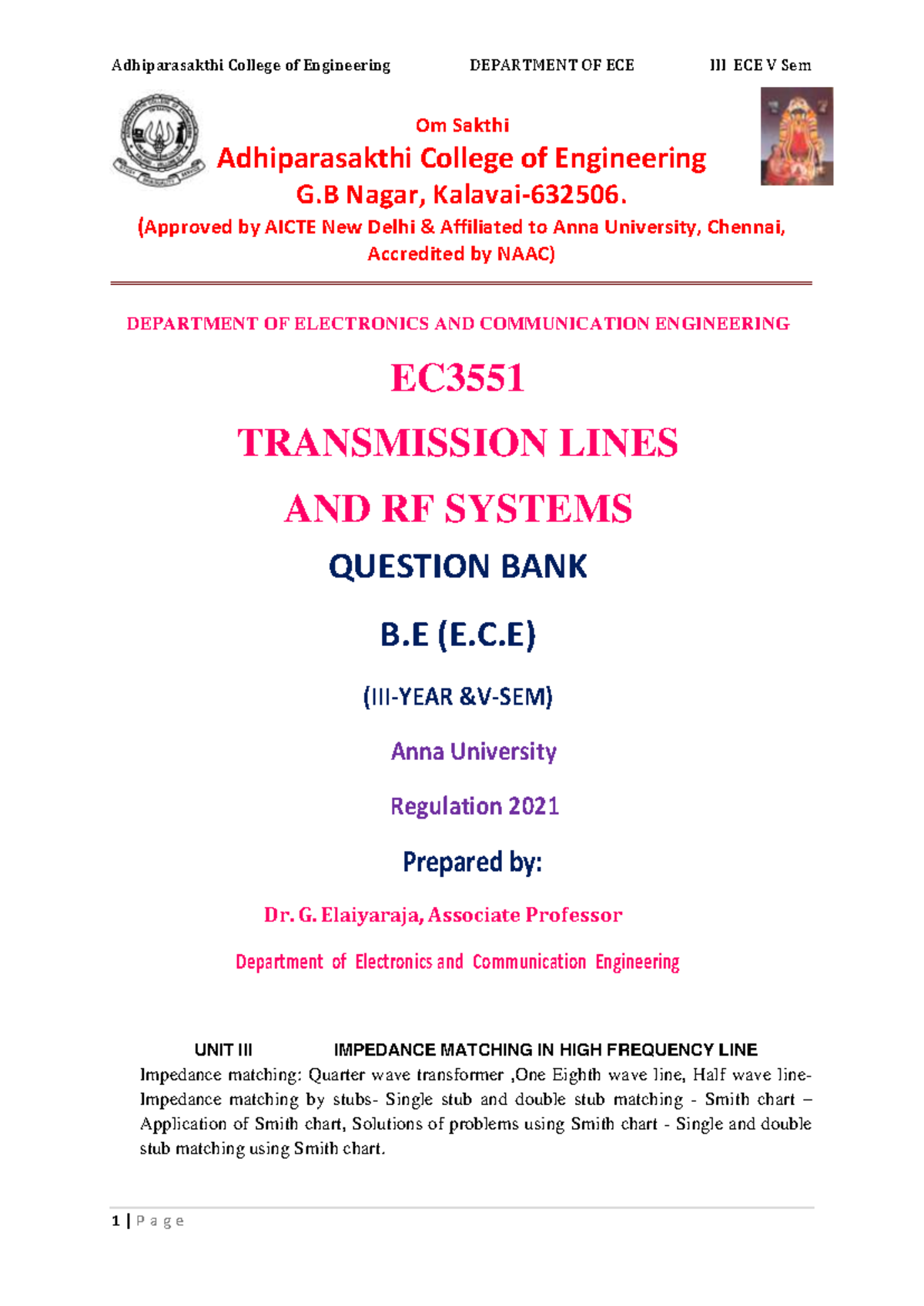 UNT-3 ECE V Sem Question Bank on Transmission Lines & RF Systems - Studocu