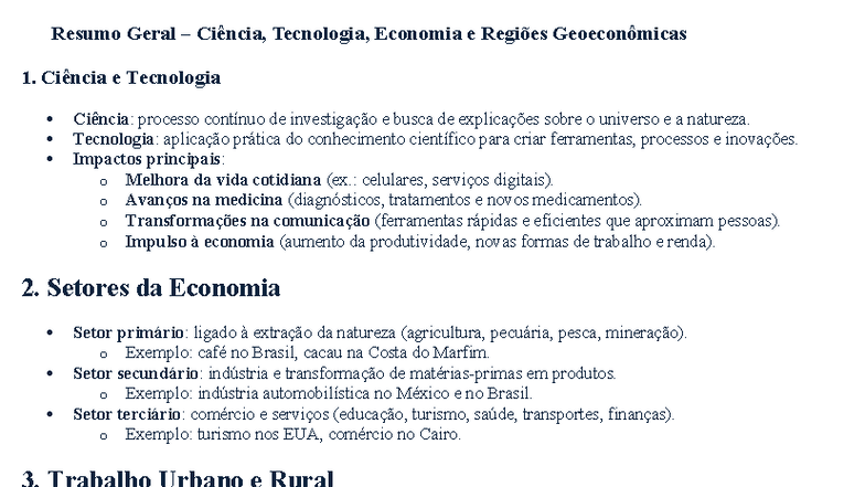 Resumo Geral: Ciência, Tecnologia e Economia - 8° ANO 3° Bimestre - Studocu