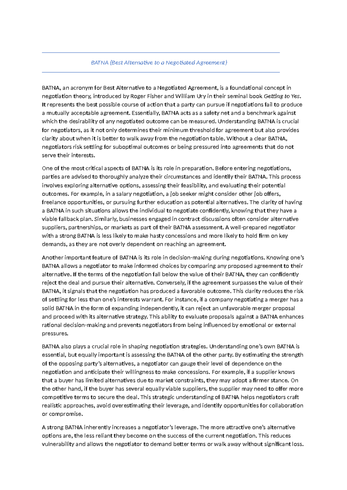 Batna - .............. - BATNA (Best Alternative to a Negotiated ...