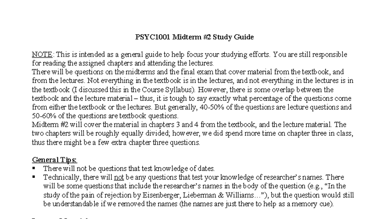 PSYC1001 Midterm 2 Study Guide: Key Concepts & Tips - Studocu