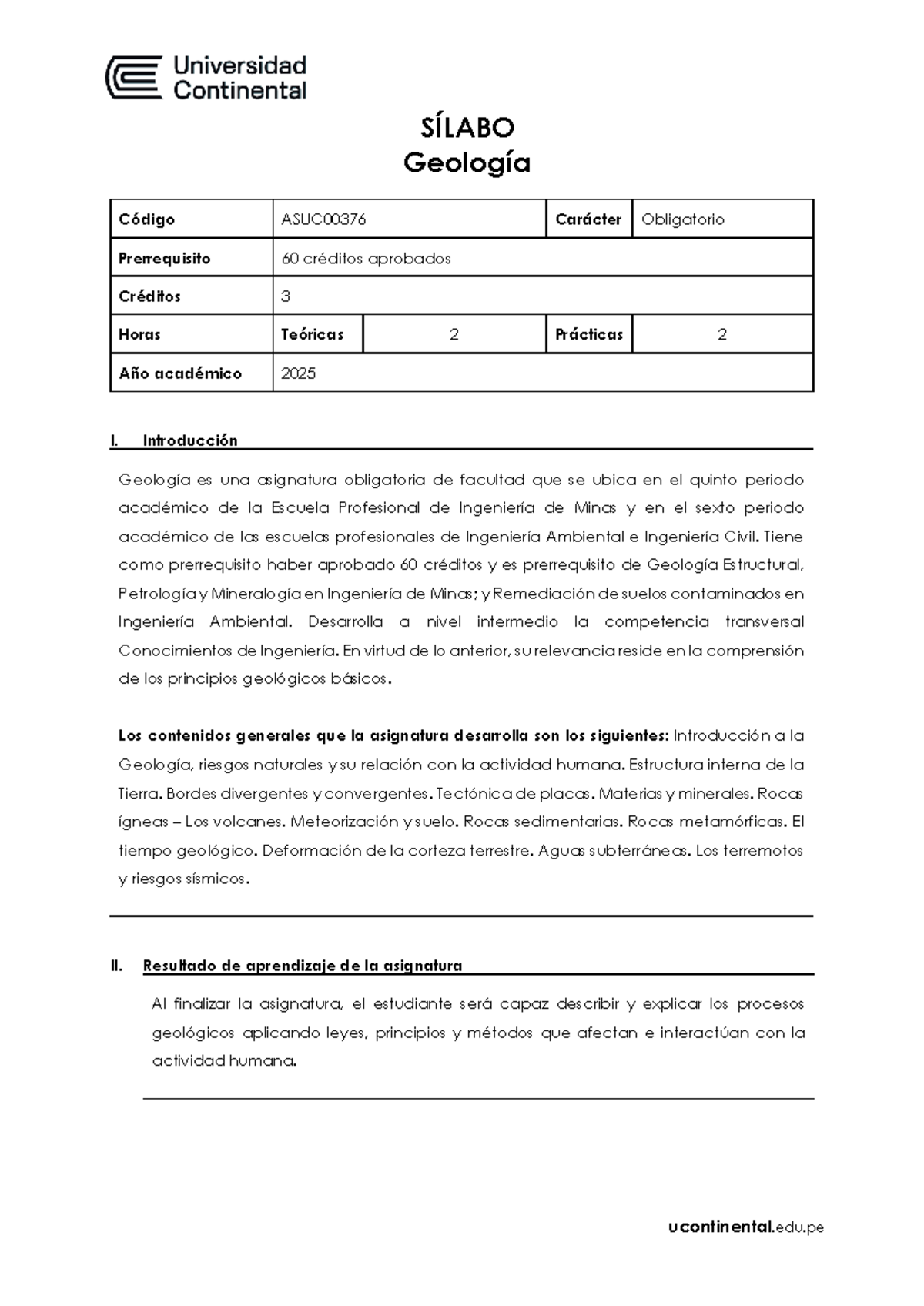 Sílabo de Geología ASUC00376 - Año Académico 2025 - Document Preview
