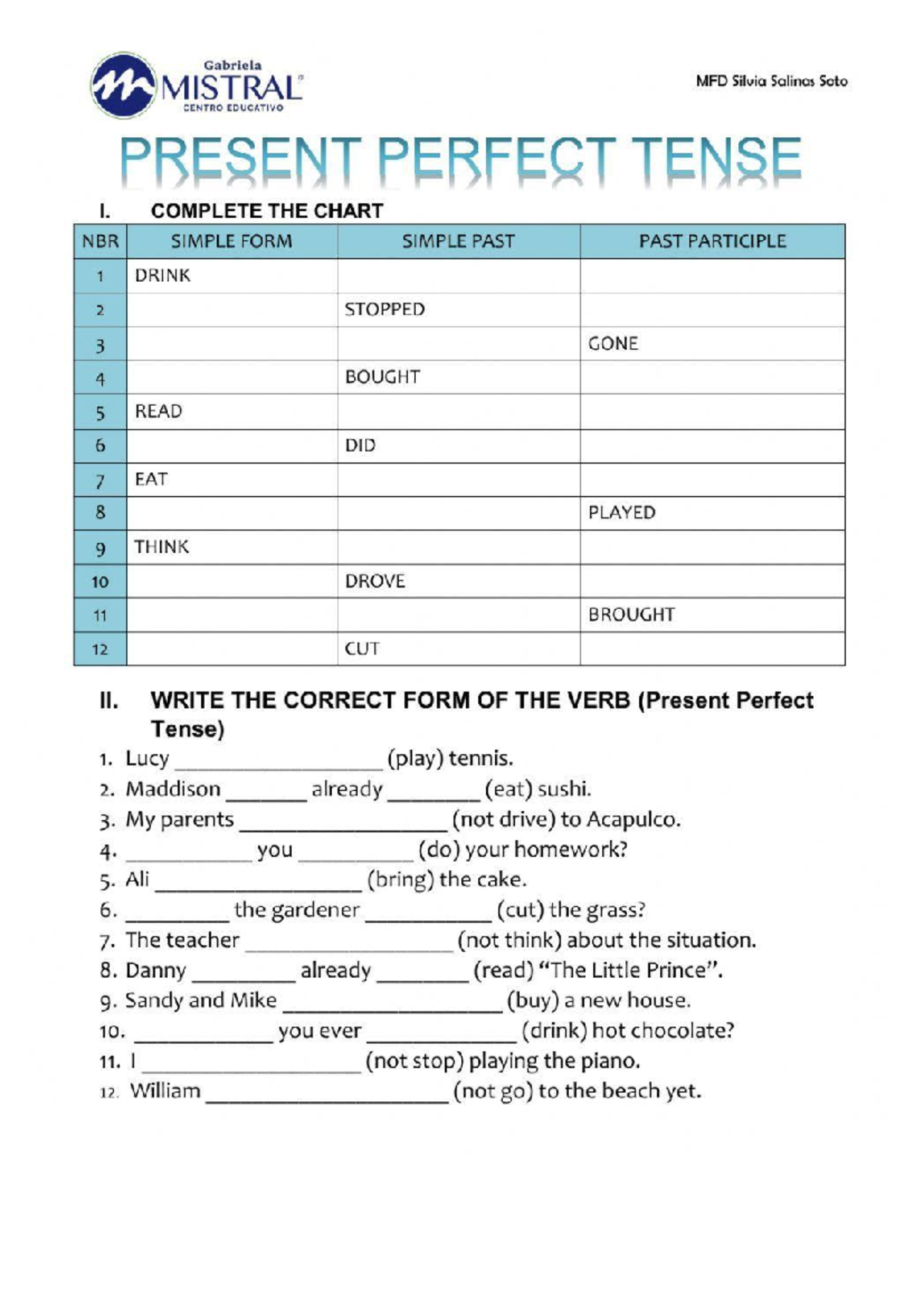 Present Perfect Tense Revision Exercises for MFD Class - Studocu