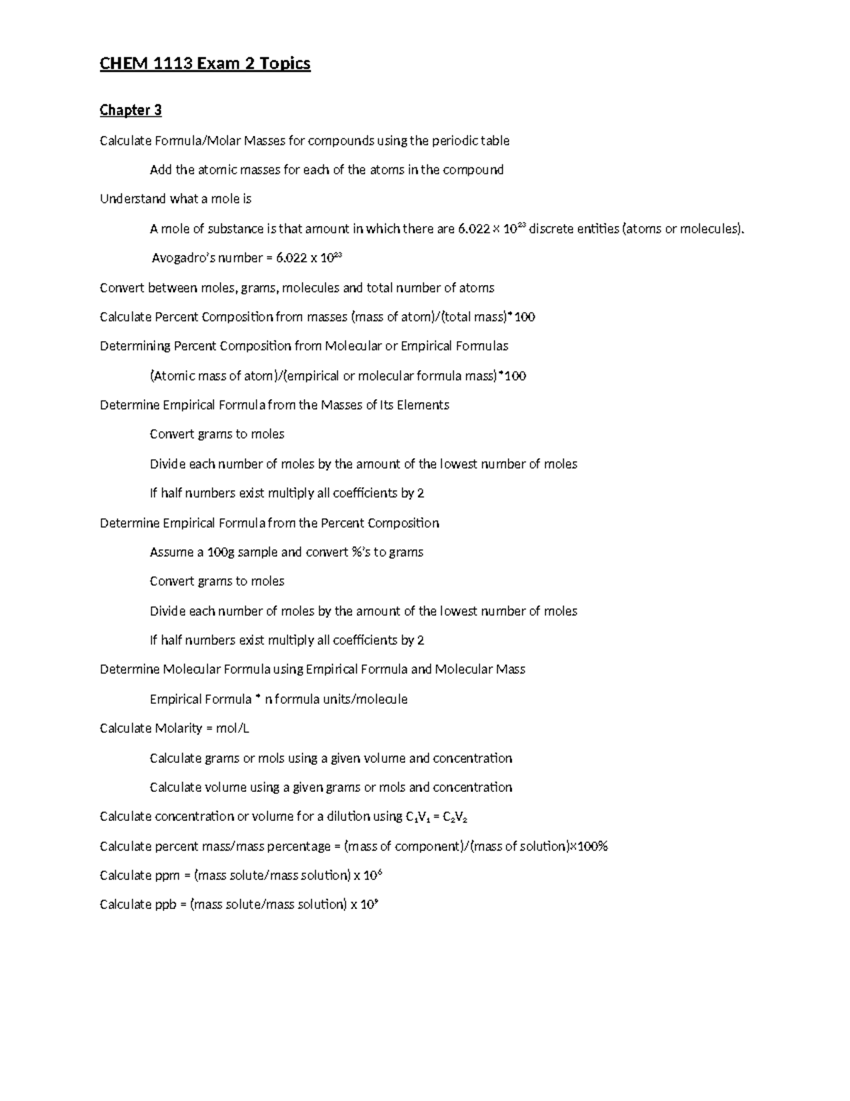 CHEM 1113 Exam 2 Study Guide: Molarity & Stoichiometry Concepts - Studocu