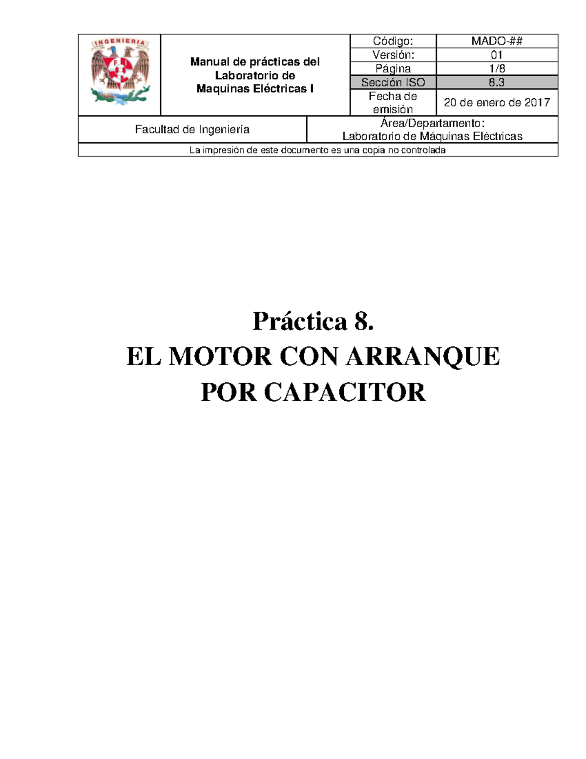 Práctica 8: Motor con Arranque por Capacitor - Lab. Máquinas Eléctricas I - Document Preview