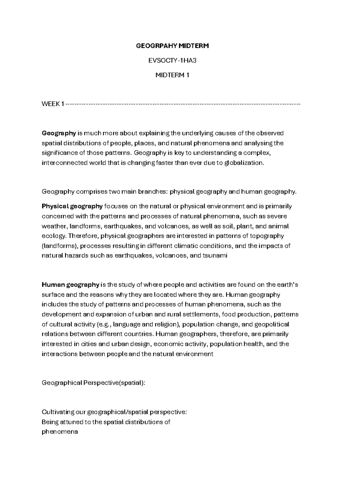 GEOG 101: Geography Midterm 1 Study Notes on Spatial Patterns and ...